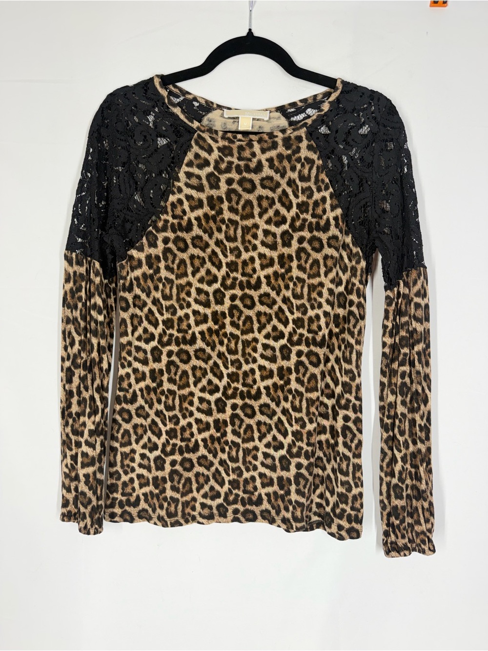 Michael Kors Leopard Print Long Sleeve Top with Black Lace Raglan